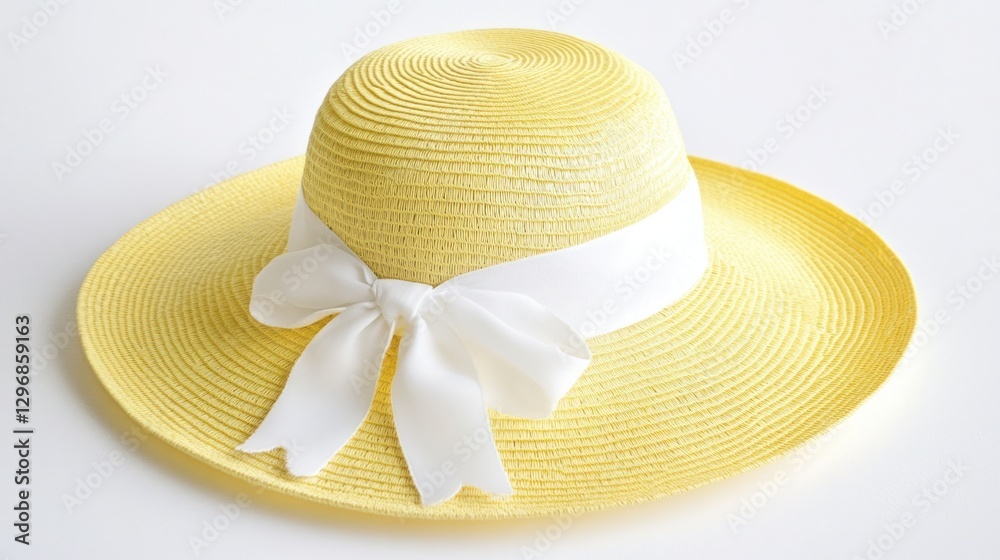 Yellow Straw Hat with White Ribbon on White Background Yellow Straw Hat with White Ribbon on White Background