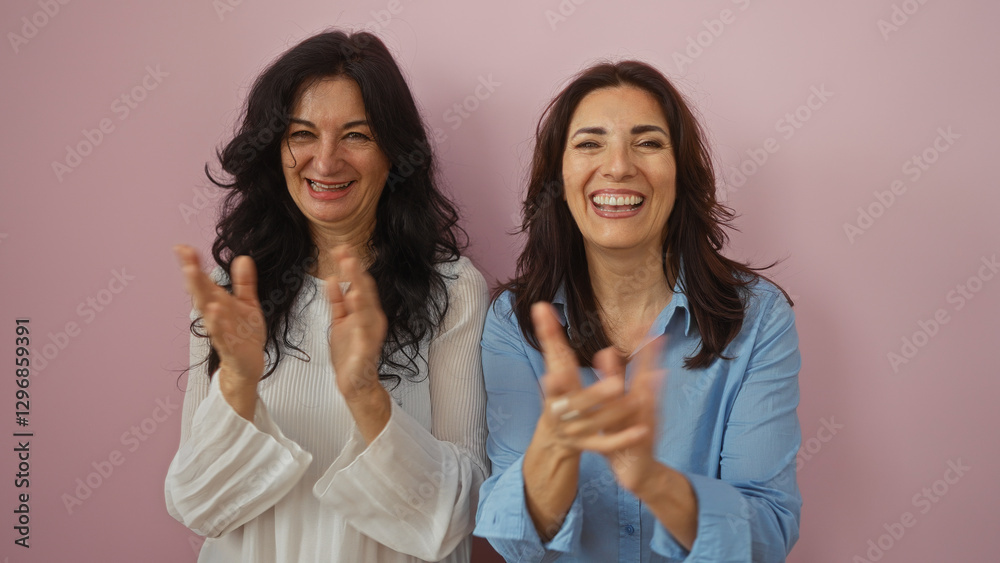 Women clapping joyfully in front of a pink wall, epitomizing love, friendship, family, and togetherness, featuring middle-aged sisters or friends, showcasing happiness and warmth. Women clapping joyfully in front of a pink wall, epitomizing love, friendship, family, and togetherness, featuring middle-aged sisters or friends, showcasing happiness and warmth.