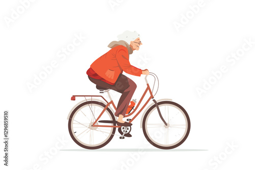 old woman riding bicycle isolated