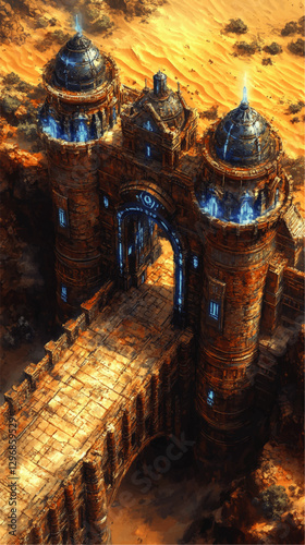 Mystical Desert Fortress with Majestic Towers and Glowing Blue Windows - Fantasy Architecture Surrounded by Sand Dunes - Enchanting Castle Gateway Art