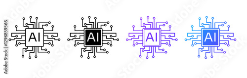 A blue AI logo with a minimalistic chip design, symbolizing neural networks, programming, and information flow in a futuristic and innovative style.