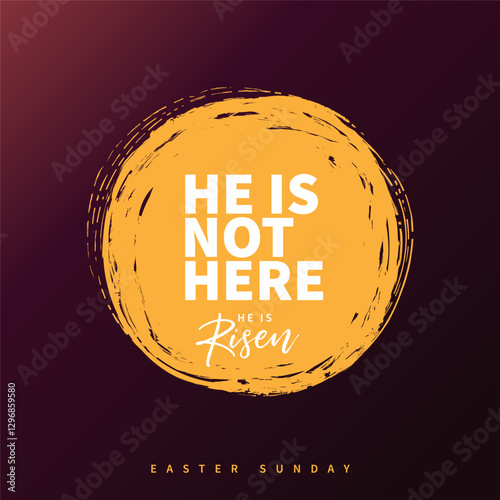 He is not here, for He is risen, creative poster with open tomb. Vector concept of Easter Sunday poster design with Bible text from Matthew 28 6