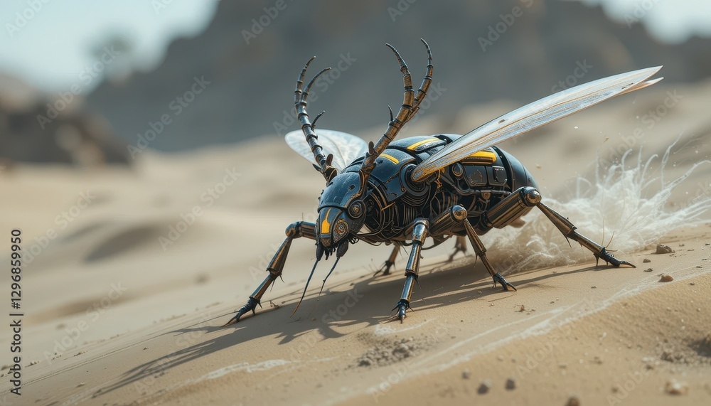Obraz premium Futuristic Robotic Insect Crawling Across Desert Sand Dune Mechanical Beetle in arid landscape