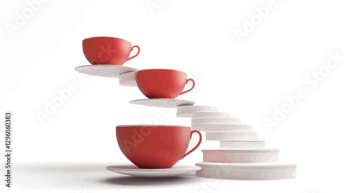 The image shows three red cups and saucers stacked in an ascending manner against a white background. The cups are a muted reddish-orange hue, and the saucers are white. The arrangement creates a