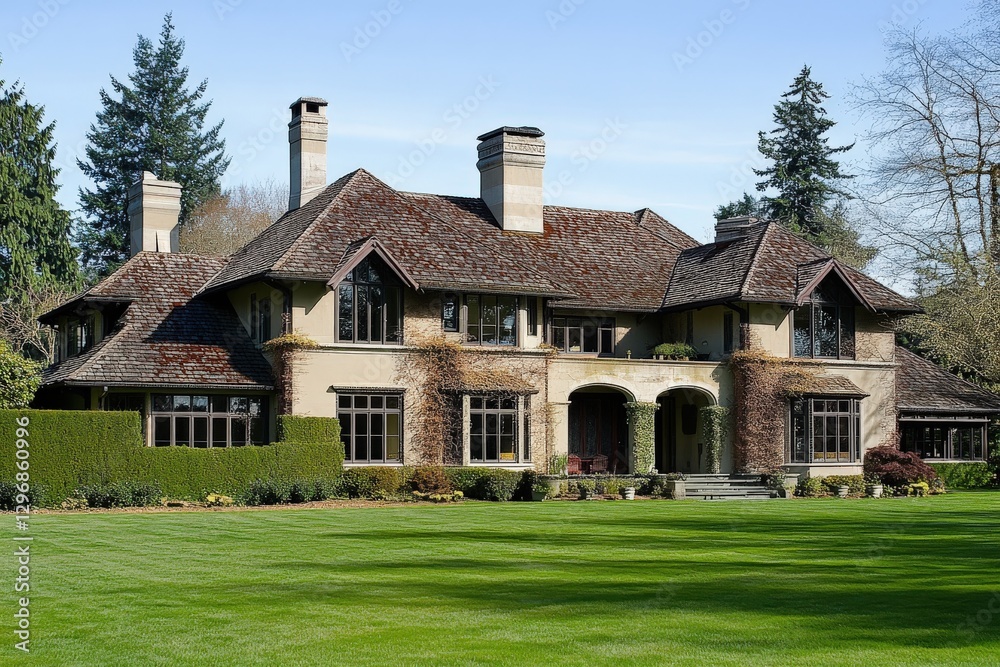 A large house with a lawn in front, surrounded by trees A large house with a lawn in front, surrounded by trees