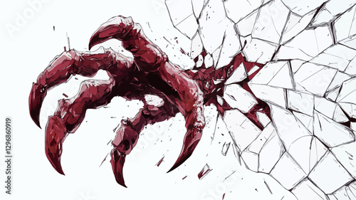 The image is a monochromatic illustration or drawing depicting a large, clawed red hand breaking through a pane of glass.  The hand is rendered with detail showing sharp claws and a textured