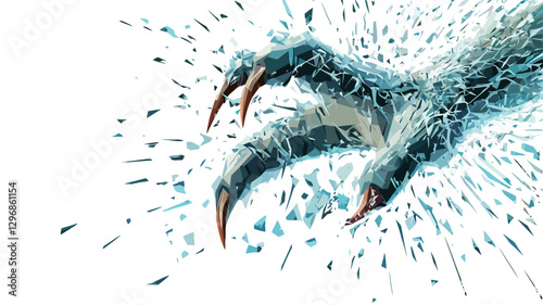 Close-up digital illustration of a large bird-like talon piercing and shattering a pane of glass. The talons are rendered in shades of teal and blue, with sharp, curved claws. The shattered glass