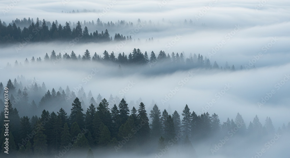 Fototapeta premium Aerial View of Forest Landscape with Evergreen Trees Shrouded in Thick Fog