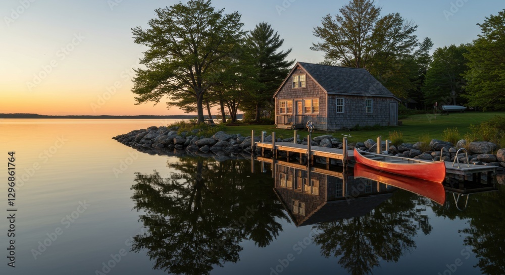 Fototapeta premium Serene lakeside cottage at sunset with calm waters reflecting trees and a red canoe nearby - cape cod home