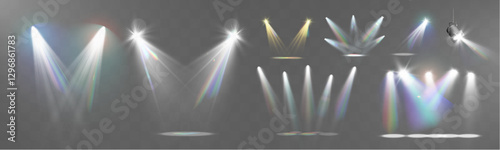 Realistic white and colorful spotlights with beams, reflections, and stage lighting effects on transparent background	