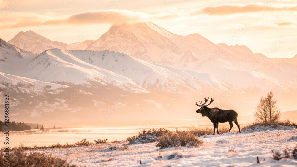 A moose with a backdrop of snow-capped mountains, bathed in the golden light of dawn
