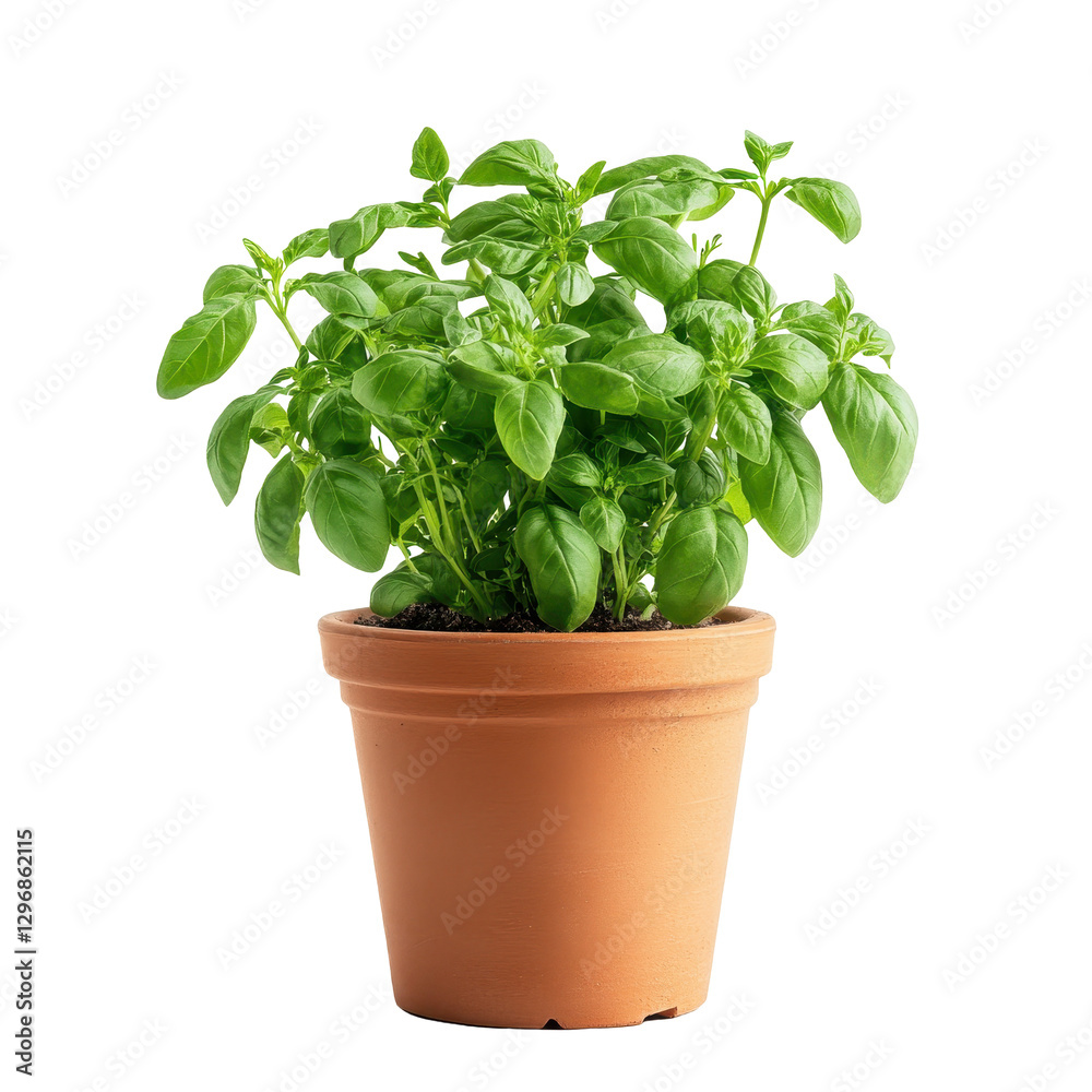 Fresh Green Basil Plant in a Terracotta Pot with Lush Leaves Fresh Green Basil Plant in a Terracotta Pot with Lush Leaves