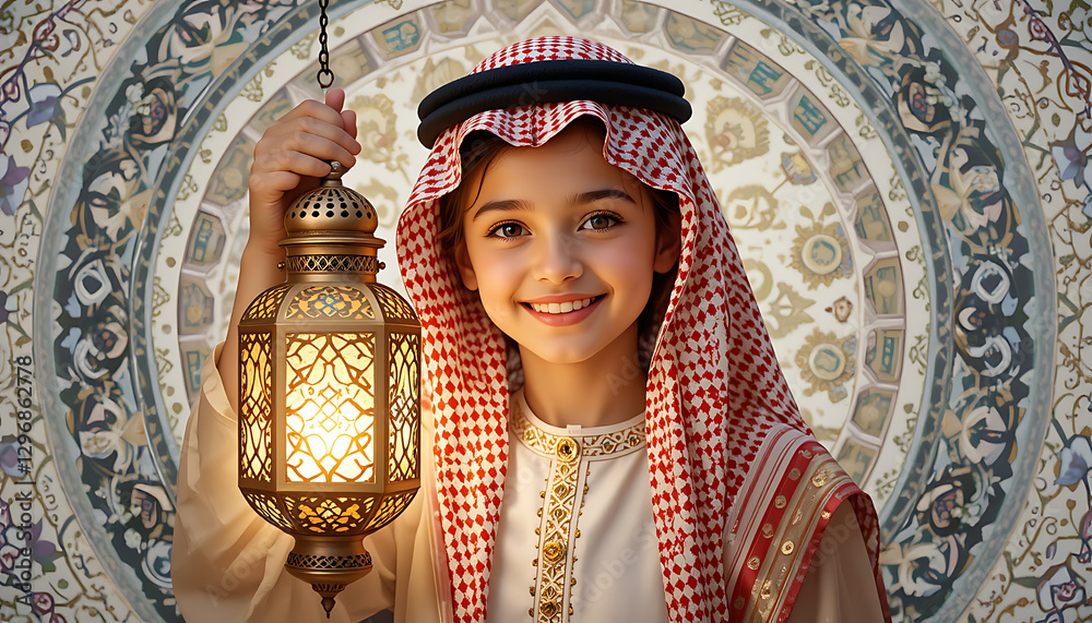 Obraz premium little girl in the temple of heaven Saudi girl child with Ramadan Lantern with burning candle with smile, exuberant smile, surrounded by intricate patterns HD and 4k image