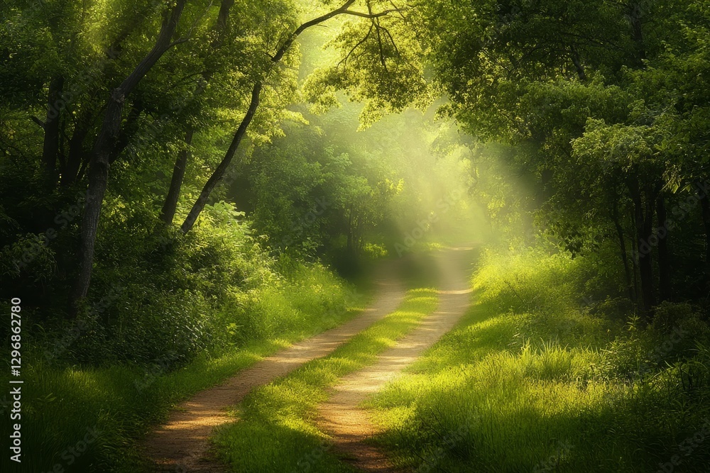 Obraz premium Serene Pathway Through Lush Green Forest with Soft Sunlight Rays