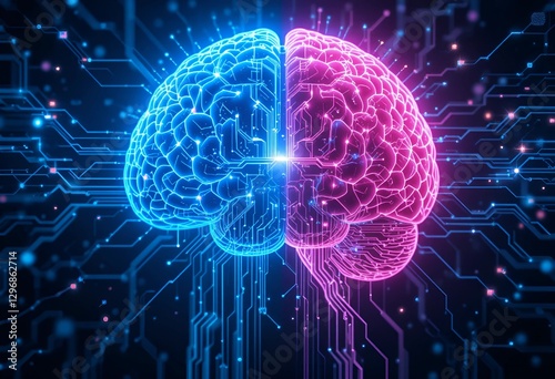 A Futuristic AI Brain with Neural Circuits Blue & Pink Technology Concept