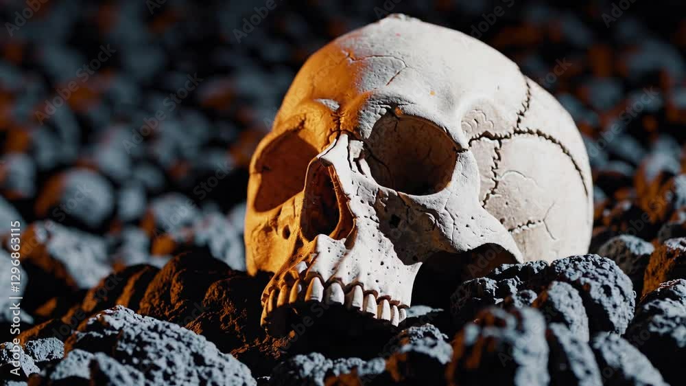Human Skull Resting on Dark Rocks in Sunset Light