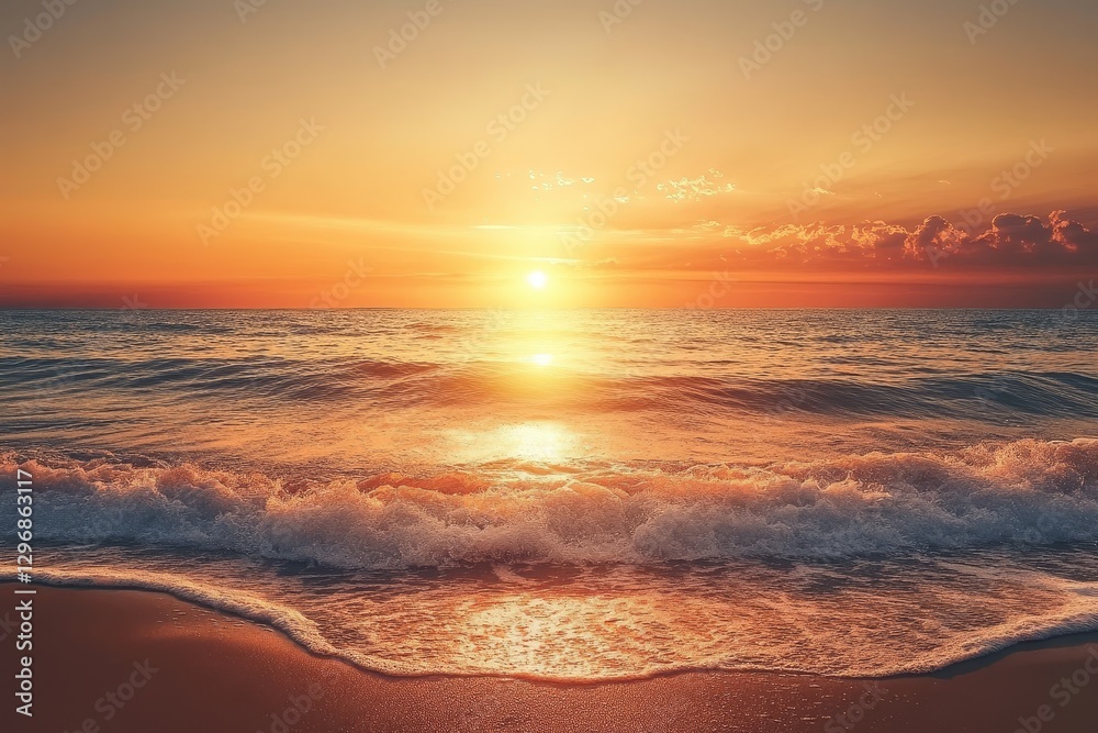 Fototapeta premium Serene Sunset Over Calm Ocean Waves on Sandy Beach Shoreline
