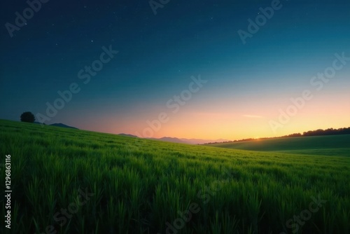 Serene Sunset over Rolling Hills and Lush Green Field, Painted with the Hues of Twilight and Starry Night Sky
