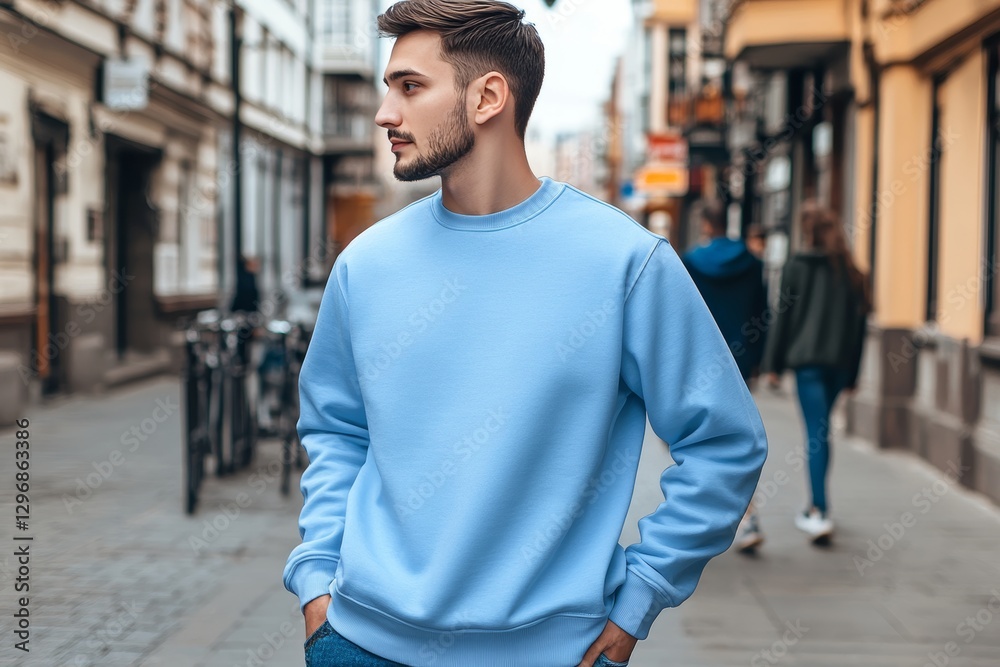 Fototapeta premium Mockup of male model in light blue crew neck sweatshirt posing on urban streetscape
