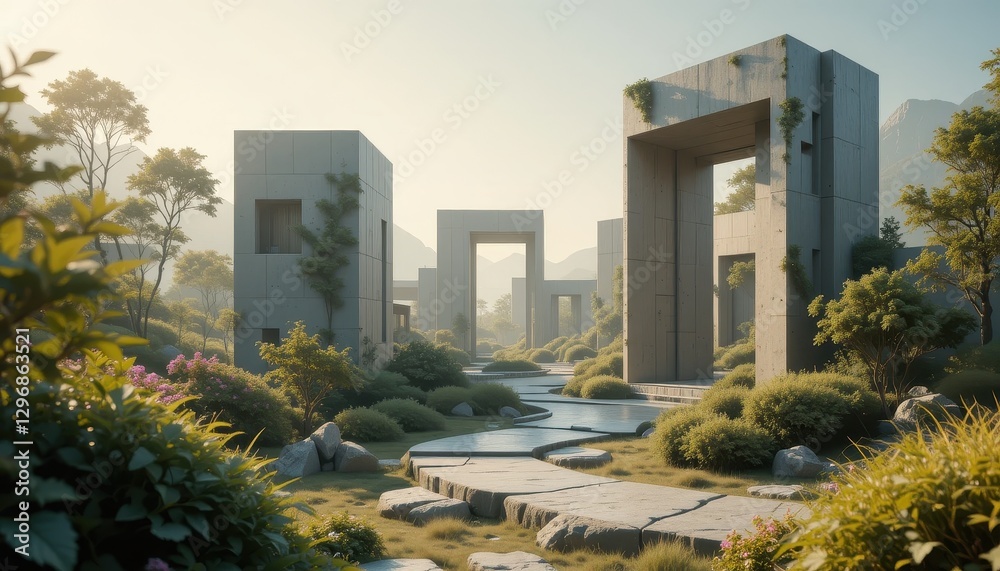 Fototapeta premium Serene Modern Architecture in a Lush Green Landscape Peaceful Pathway Winding Through Concrete Structures and Greenery