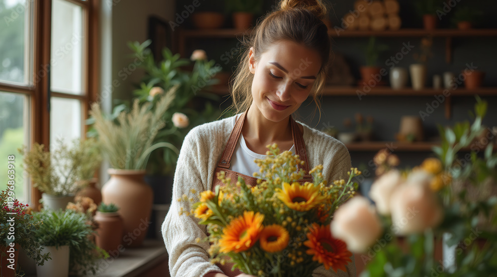 Female entrepreneur in her cozy flower shop, smiling while working surrounded by colorful flowers, representing small local businesses. Female entrepreneur in her cozy flower shop, smiling while working surrounded by colorful flowers, representing small local businesses.