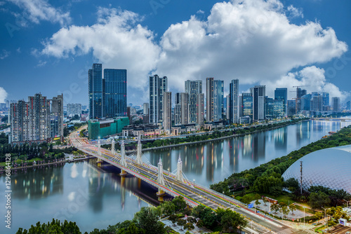 The modern urban landscape of Beijing, China forms an interesting contrast and complement with the rivers and bridges