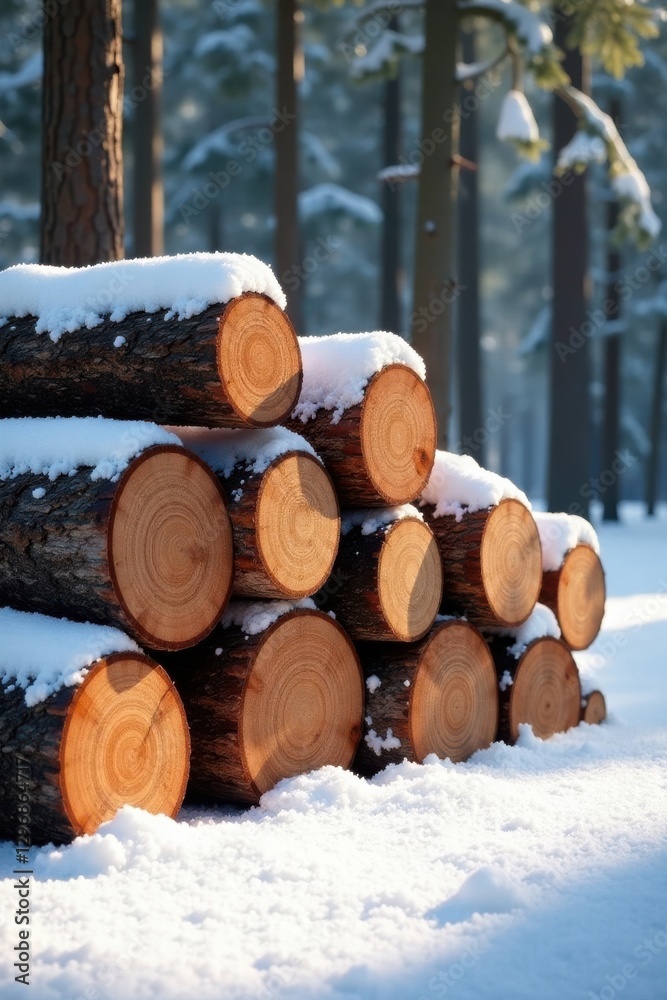 Winter's Embrace A Stack of Freshly Cut Logs Covered in a Blanket of Pristine Snow, Nestled Amidst a Tranquil Forest Winter's Embrace A Stack of Freshly Cut Logs Covered in a Blanket of Pristine Snow, Nestled Amidst a Tranquil Forest