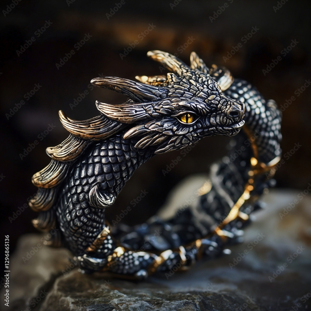 Obraz premium The image features a intricately detailed bracelet in the shape of a dragon, with a combination of silver and gold tones. The bracelet is displayed on a rock-like surface against a dark