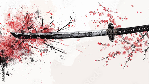 A digital illustration depicting a katana sword horizontally positioned across a white background.  The sword is rendered in shades of black and grey.  Red splatters and brush strokes resembling
