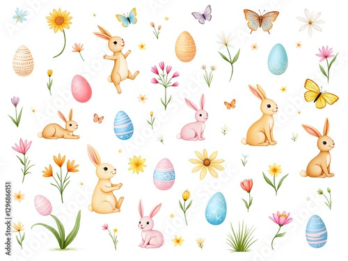 Charming spring scene with bunnies, flowers, and colorful eggs