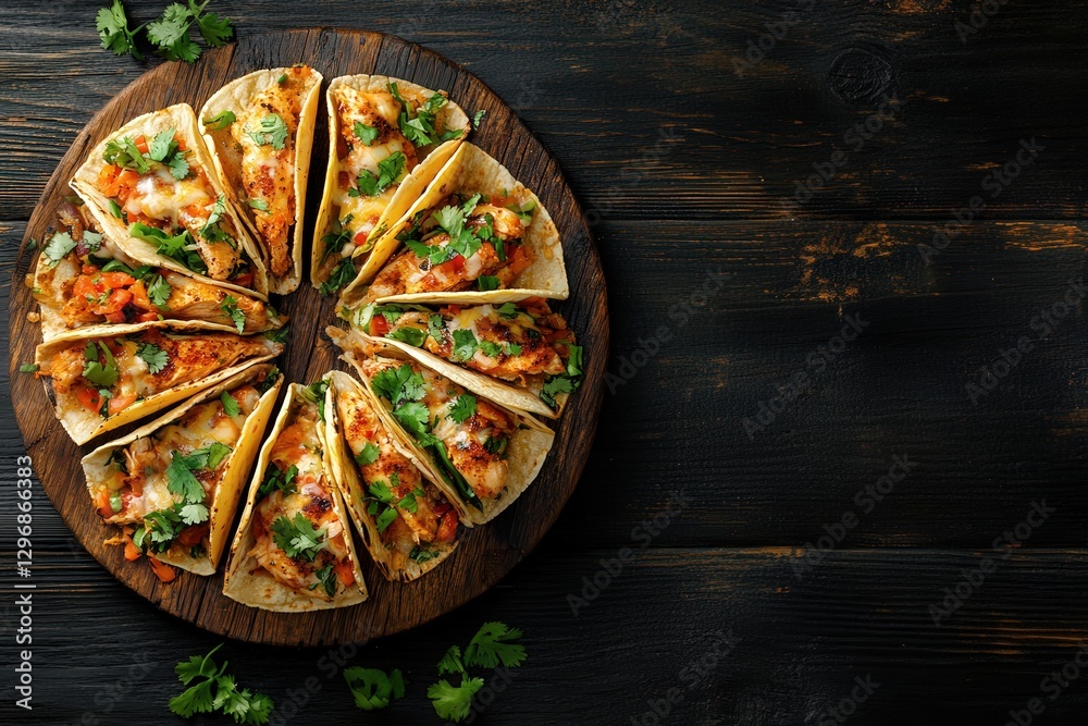 A delicious row of tacos artistically arranged on a wooden cutting board A delicious row of tacos artistically arranged on a wooden cutting board