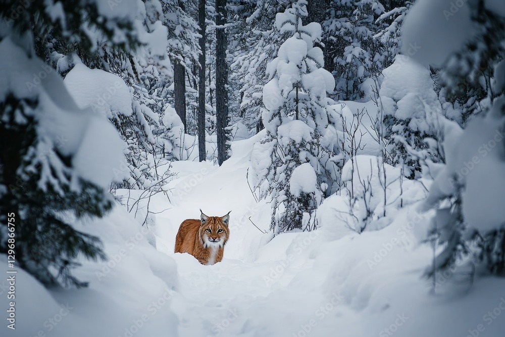 Snowy Wilderness with Tiger Walking Through Snowy Forest Trail Snowy Wilderness with Tiger Walking Through Snowy Forest Trail