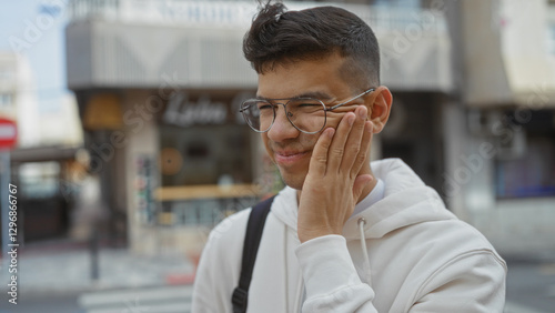 Wallpaper Mural Young man smiling on urban street wearing glasses and white hoodie during sunny day in city center showcasing casual modern lifestyle outdoors. Torontodigital.ca