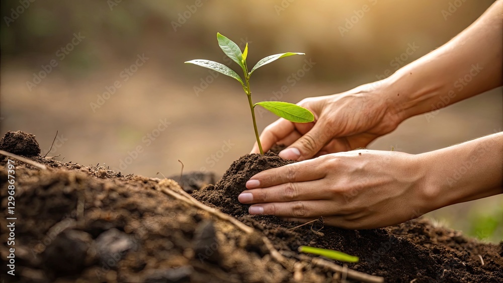 Fototapeta premium Planting a young sapling in rich soil for a greener future