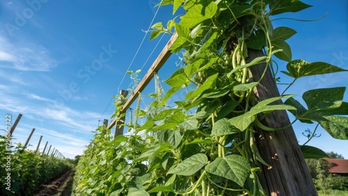 Lush green bean plants climbing wooden trellis under blue sky
