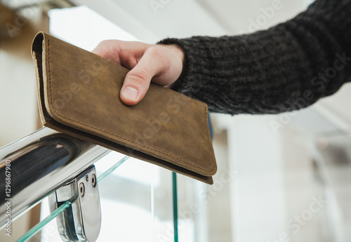 Male hand holding brown leather wallet on glass and metal railing indoors