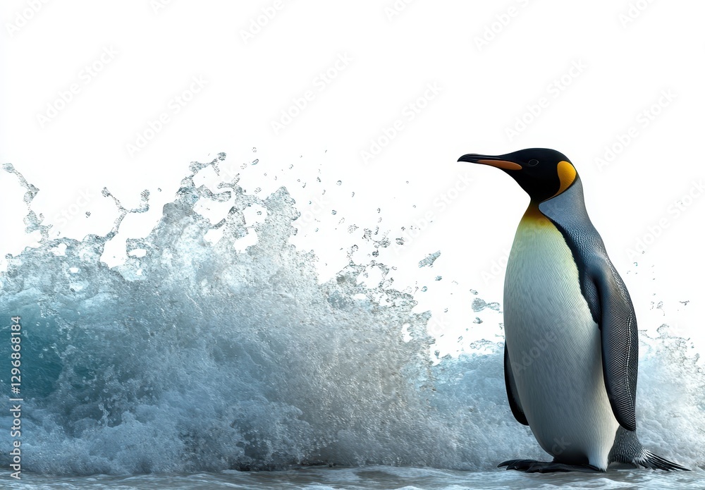 Fototapeta premium Majestic emperor penguin standing on the shore beside crashing ocean waves, showcasing natural beauty and resilience in a vibrant coastal environment