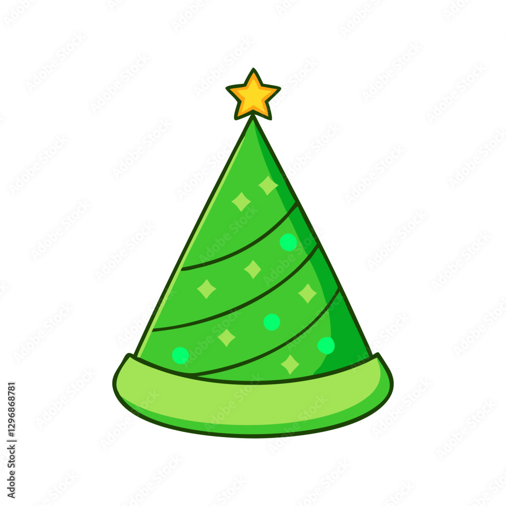 Green Christmas tree hat with star and decorations, A playful illustration of a green Christmas tree-shaped hat with a star at the top and festive decorations.
Green Christmas tree hat with star and decorations, A playful illustration of a green Christmas tree-shaped hat with a star at the top and festive decorations.