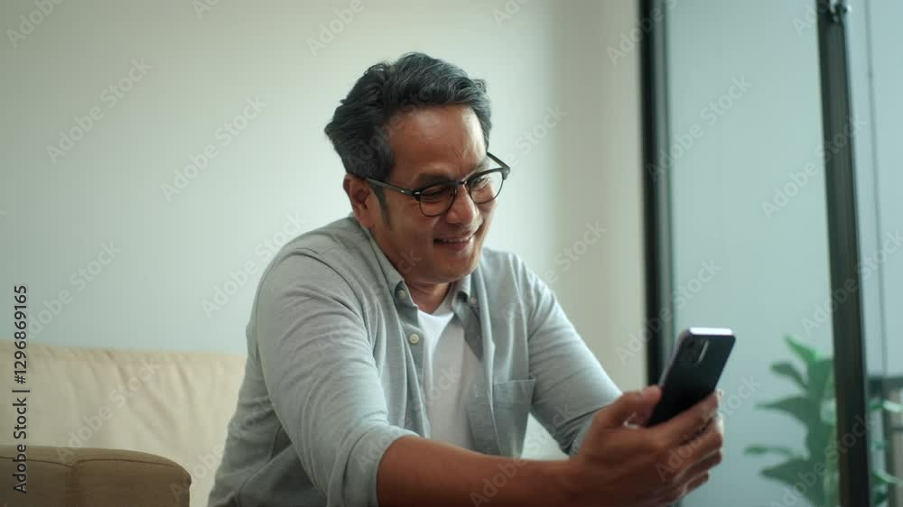 Happy asian senior middle aged man enjoy using smartphone while sitting on sofa in living room at home, elderly man with mobile phone for social web application online. 
