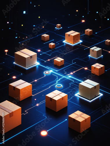 Cardboard Boxes Linked by Logistics Lines in Digital Technology Scene