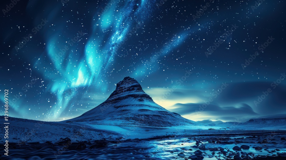 Naklejka premium Majestic Night Landscape with Northern Lights Over Snowy Mountain and Starry Sky Reflected in Calm Water