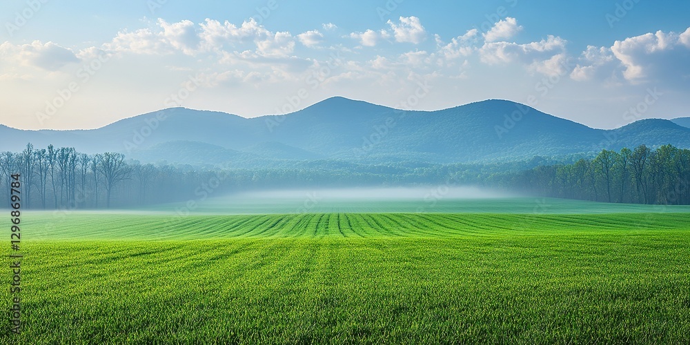 Fototapeta premium Lush green field under a blue sky with distant mountains in the early morning light