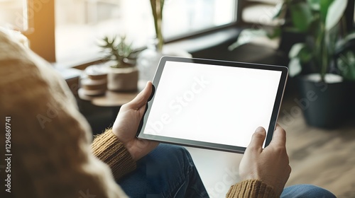 A person is holding a tablet device with a blank screen
