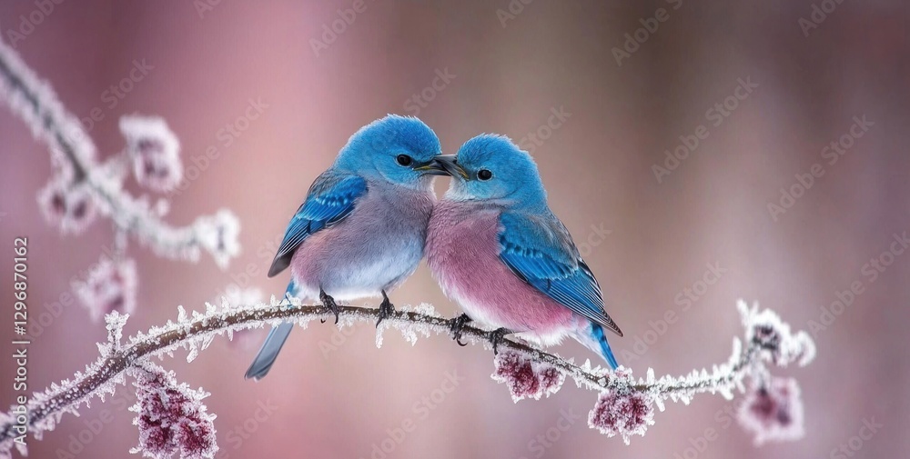 Fototapeta premium Two blue birds tenderly touching beaks on a frost-covered branch.