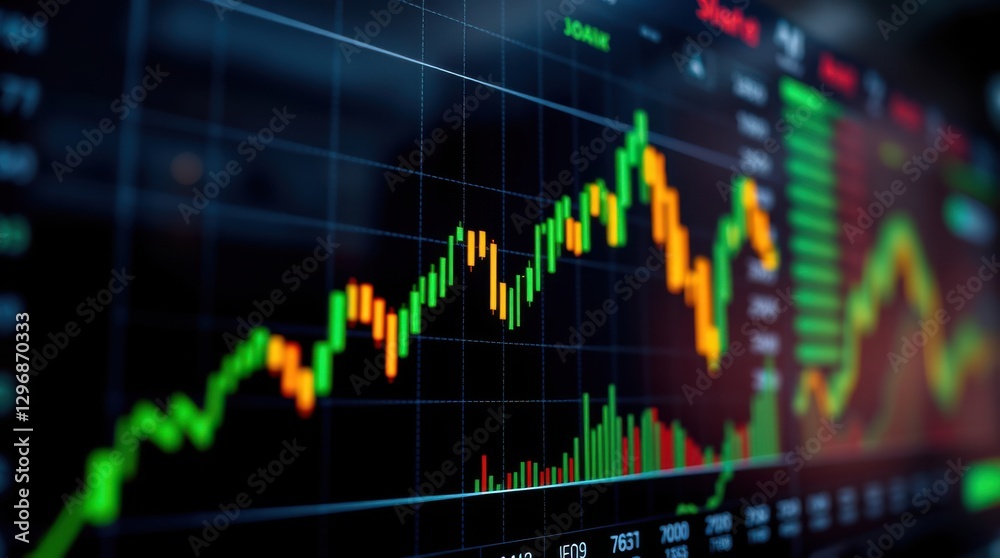 Fluctuating financial chart depicting market trends with green and red bars on a dark background. Fluctuating financial chart depicting market trends with green and red bars on a dark background.