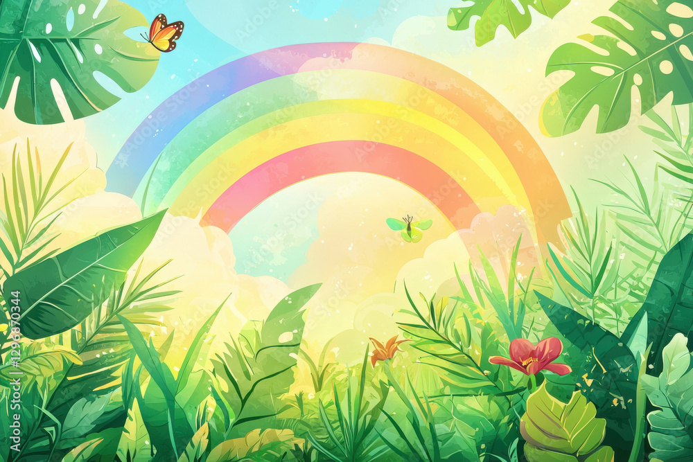 Fototapeta premium vibrant tropical scene featuring lush green foliage, colorful butterflies, and bright rainbow in sky, evoking sense of joy and tranquility