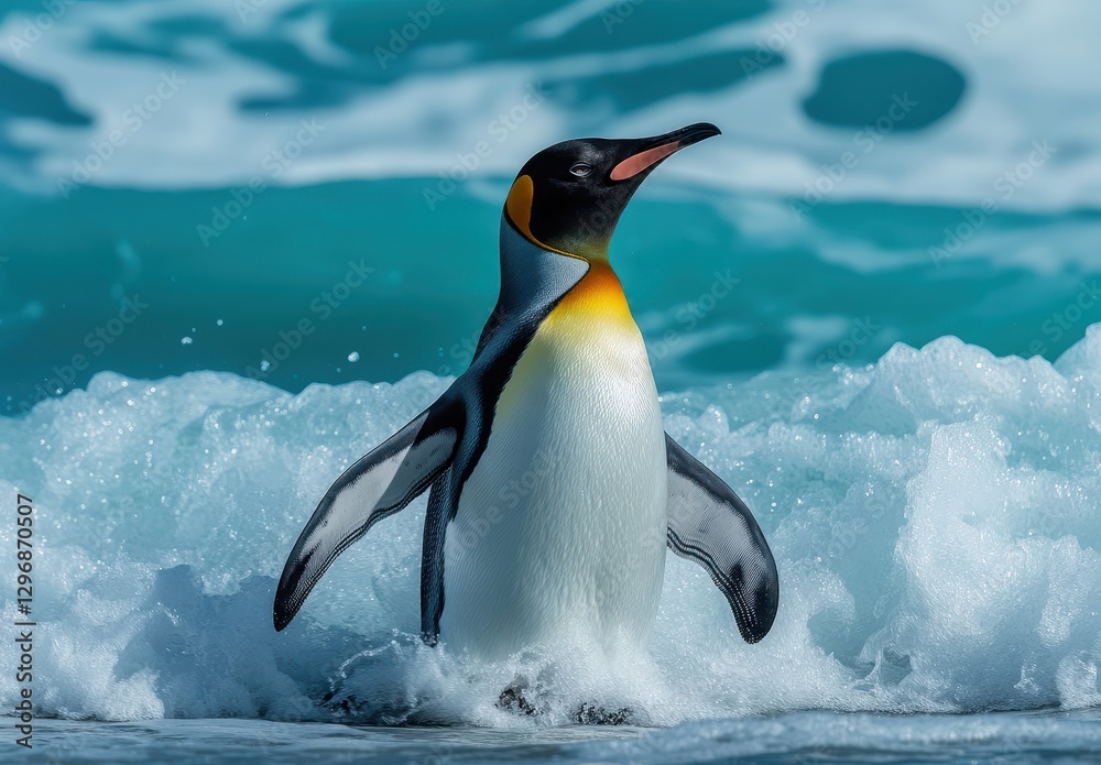 Fototapeta premium Majestic Emperor Penguin Wading Through Waves with Splashing Ocean in Background Captured in Vibrant Colors and Natural Habitat of Antarctica