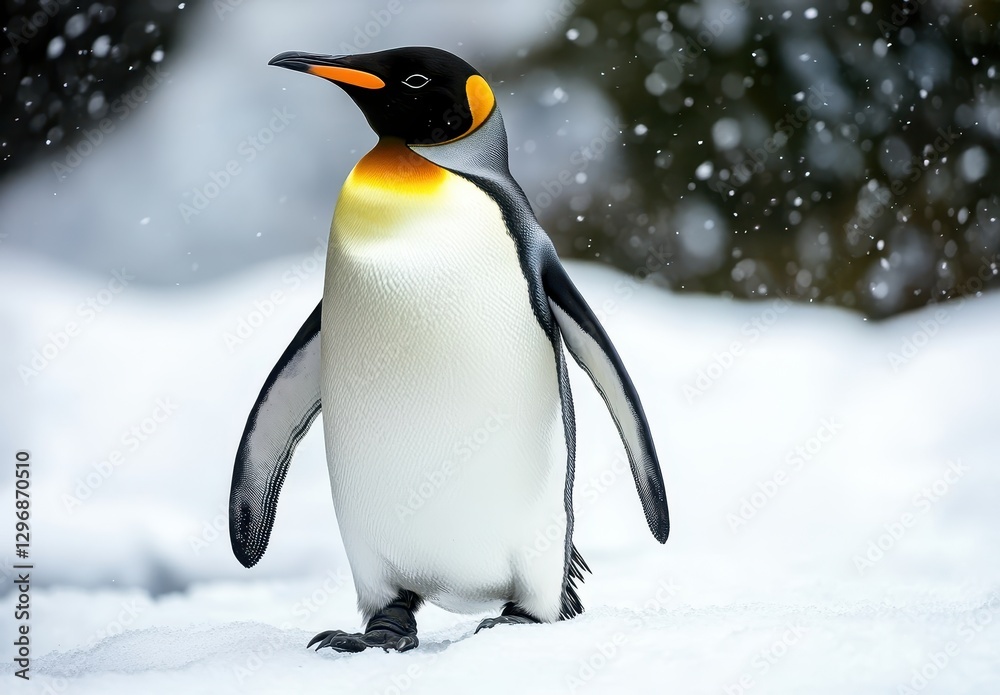 Obraz premium Majestic Emperor Penguin Walking Through Snow in a Winter Wonderland with Soft Snowflakes Falling Around It