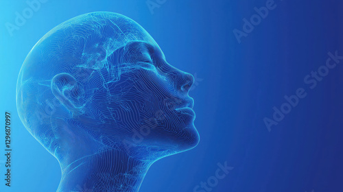 Digital visualization of a human head on a blue background as a concept of intelligence and technology.