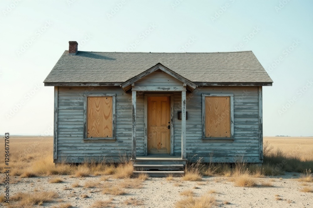 Obraz premium A weathered grey wood house with boarded windows stands alone in a dry, grassy field under a pale sky